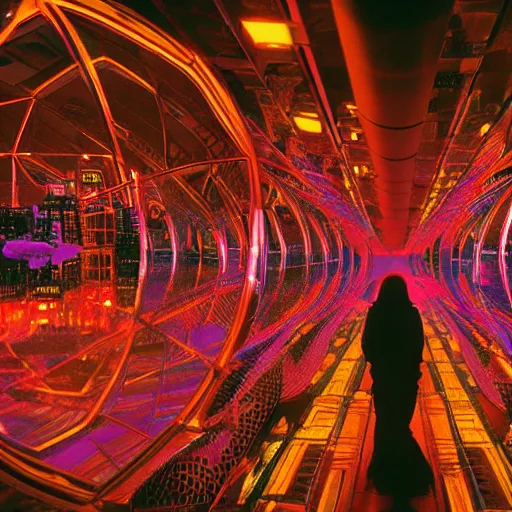 Image similar to 35mm film still blade runner set on Mars in an neon city, domes made of glas by Alex grey