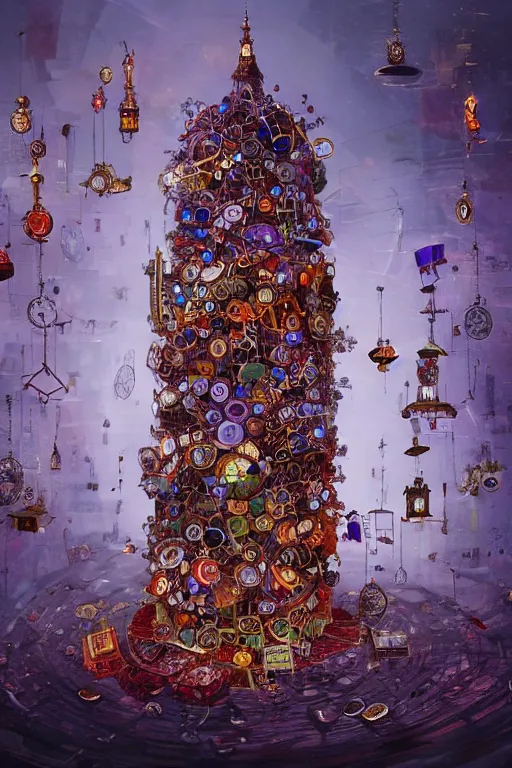 Prompt: an elaborate whimsical tower made of clocks and hourglasses, concept art, hyperdetailed, red and purple coloring, 4k