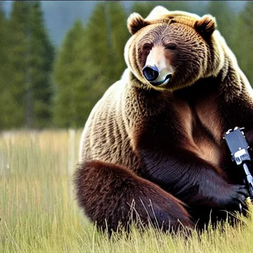 Image similar to grizzly bear holding a mounted minigun