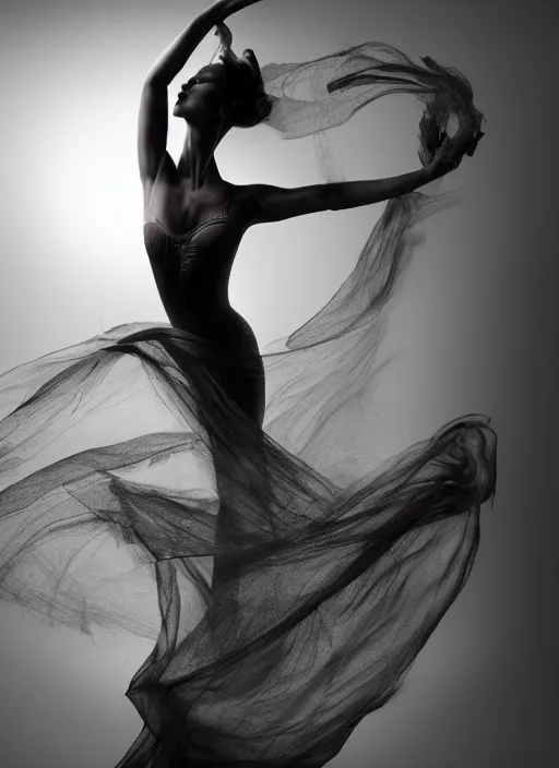 Image similar to a Photorealistic dramatic hyperrealistic render of a glamorous beautiful Female smoke dancer by Ken Brower and Deborah Ory of NYC Dance project,Lois Greenfield,Flowing cloth and smoke,Beautiful dynamic dramatic dark moody lighting,volumetric,shadows,cinematic atmosphere,Octane render,8K