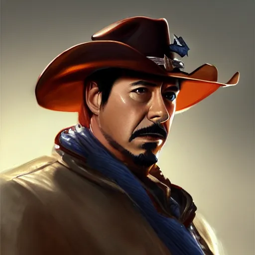 Prompt: a portrait of tony stark with a cowboy hat on with an American flag scarf, D&D, sci-fi, elegant, hopeful, muscular, highly detailed, digital painting, artstation, concept art, smooth, sharp focus, illustration