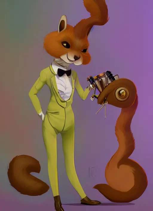 Image similar to squirrel anthro as a dapper bartender with a big, fluffy tail, retro futurism, art deco, detailed, painterly digital art by WLOP and Cory Loftis and Don Bluth, 🐿🍸🍋, furaffinity, trending on artstation