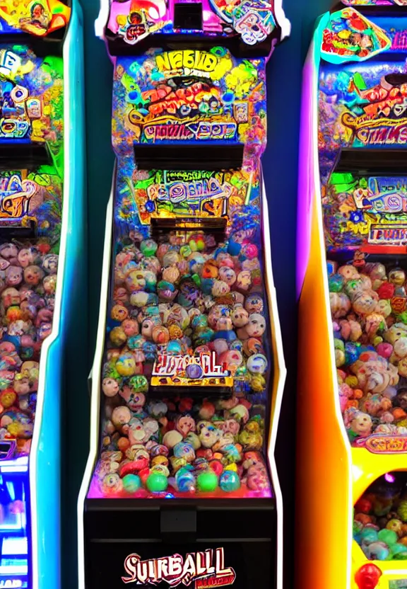 Image similar to cyberpunk gumball gashapon machine, filled with cute toys, in an arcade