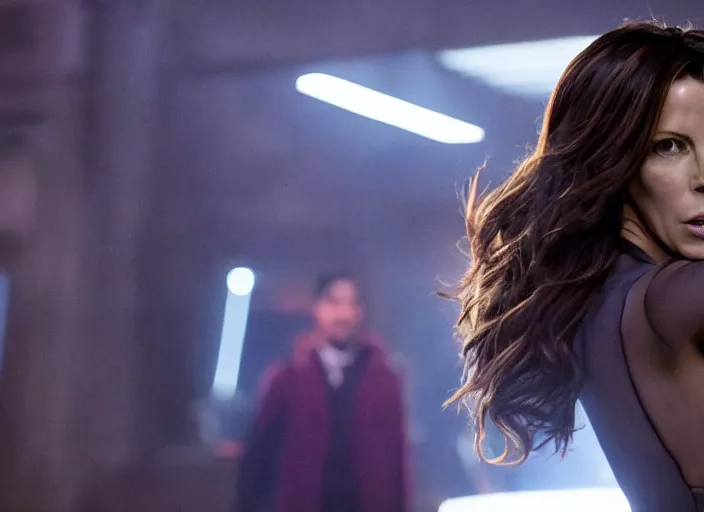 Prompt: film still of Kate Beckinsale as John Wick in a night club in John Wick 2014, 4k