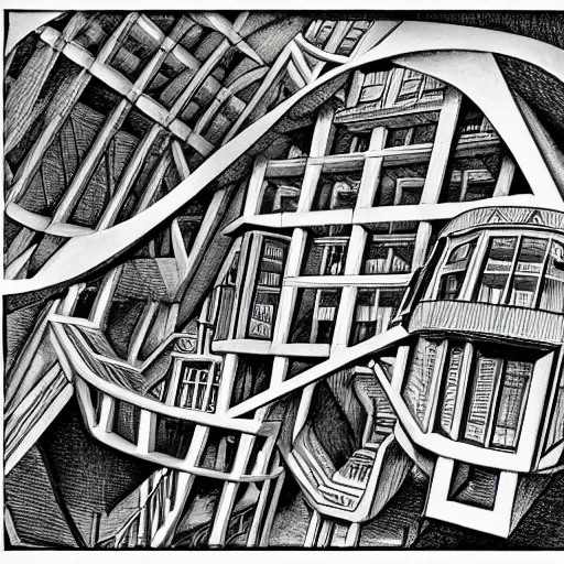 Image similar to a m. c. escher style drawing of the metaverse