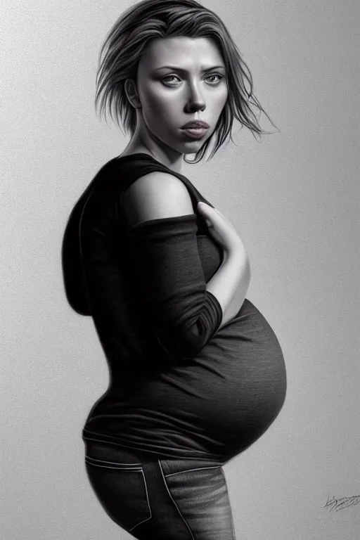 Image similar to pregnant scarlet johansson in a black shirt and jeans, realistic portrait, symmetrical, highly detailed, digital painting, artstation, concept art, smooth, sharp focus, illustration, cinematic lighting, art by artgerm and greg rutkowski and alphonse mucha