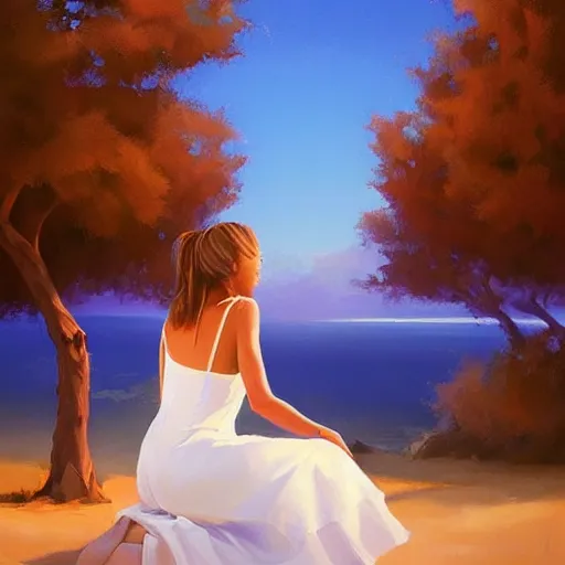 Prompt: a painting of a woman in a white dress pondering life as she watches the sun set, an airbrush painting by rhads, deviantart, fantasy art, sunrays shine upon it, deviantart, mystical