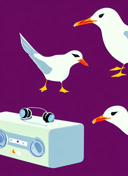 Prompt: arctic tern and seagull with headphones on their heads in front of a microphone recording a podcast in the studio, illustration, 8 k