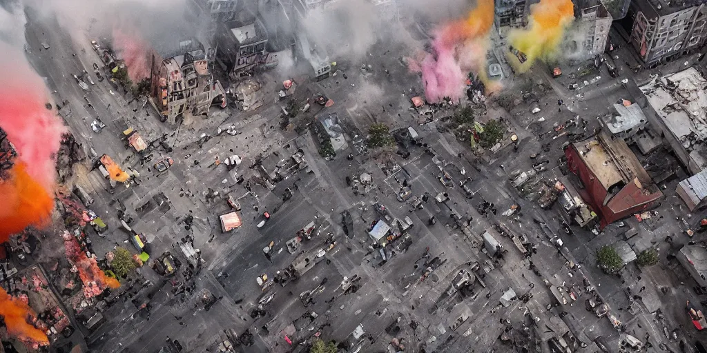 Image similar to post - apocalyptic kreuzberg streets covered in colorful smoke, burned cars, explosions, hyperrealistic, gritty, damaged, drone photography, photorealistic, high details