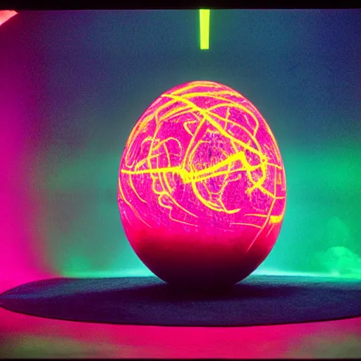 Prompt: annie liebowitz portrait of a plasma energy tron dinosaur egg made up of glowing electric energy hypercolor patterns. cinestill