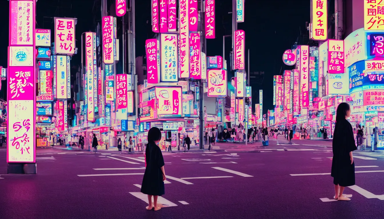 Prompt: 90s neon movie still. japanese city at night. Girl stands in the middle of a crosswalk wearing a kimono. She is looking up at an advertisement. hyperrealistic, high definition, medium format photography, highly detailed, technicolor, anamorphic 50mm lens