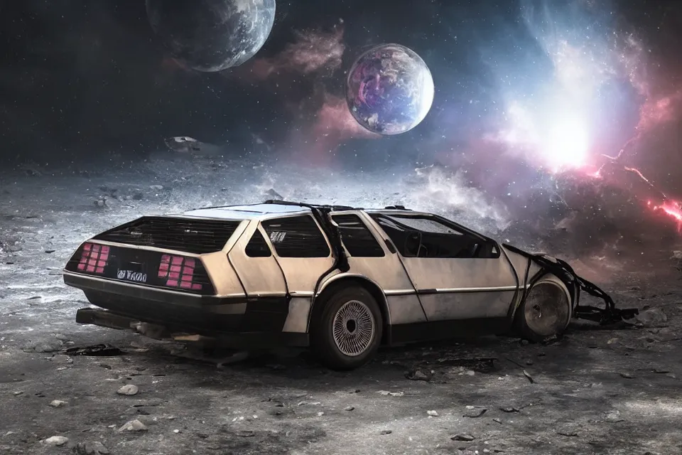 Image similar to ultra realistic delorean dmc 5 drifting on touge wreckage in space, photo from space, dark cinematic, volumetric, realistic, 3 d render, realistic render, cinematic lighting, volumetric lighting, atmospheric, cinematic, unreal engine 5, unreal engine render, octane render, hd, photorealism, hyper realistic, 8 k