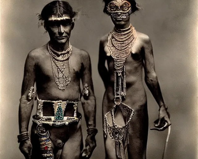 Image similar to 1 9 2 0 s colorized photographs of the lost tribes of del shoob and their amazing ornate jewelry and cyborg - like body modifications