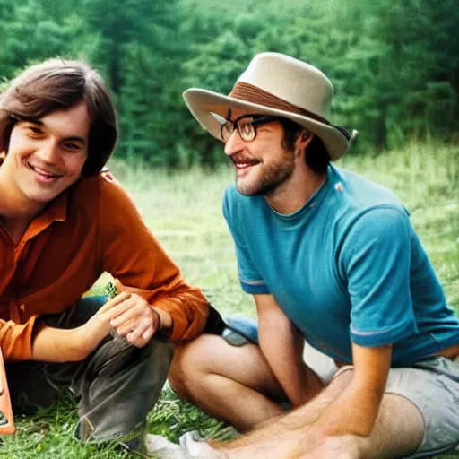 Prompt: gay couple camping together in the 7 0 s