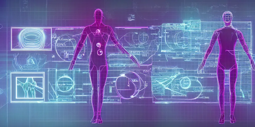 Prompt: human performance, wireframe human, heartbeat, glowing wireframe, future scifi scene, biometric dials and displays in background, high detail, precise lines, angular, vector, biometric sensors, technical diagram