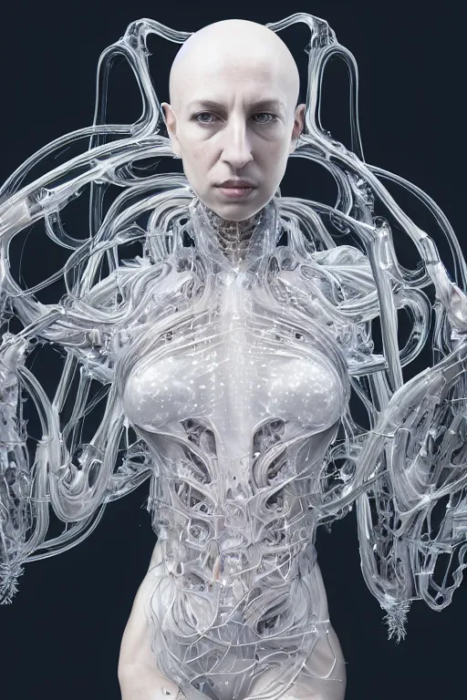 Image similar to iris van herpen, perfect symmetrical body, full body shot, inflateble shapes, wires, tubes, veins, jellyfish, white biomechanical details, wearing epic bionic cyborg implants, masterpiece, intricate, biopunk, vogue, highly detailed, artstation, concept art, cyberpunk, octane render