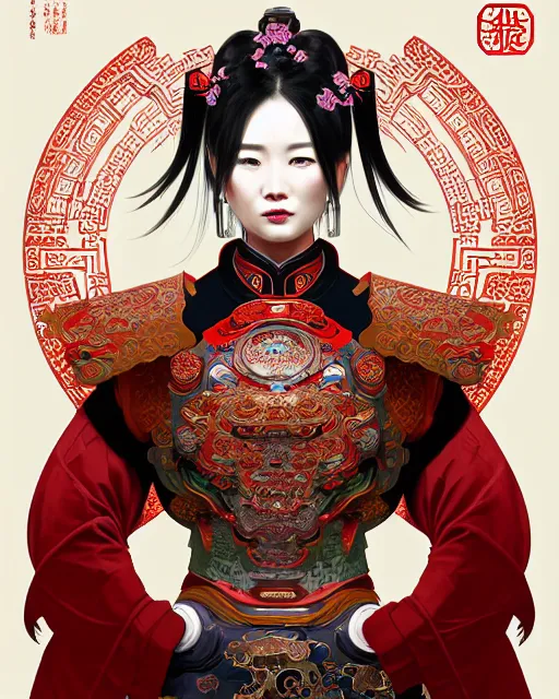 Image similar to portrait of a chinese cyberpunk machine, machine face, arms, upper half portrait, decorated with chinese opera motifs, regal, asian, fine china, wuxia, traditional chinese art intricate intense elegant 京 剧 highly detailed digital painting artstation concept art smooth sharp focus illustration, art by artgerm and greg rutkowski alphonse mucha 8 k