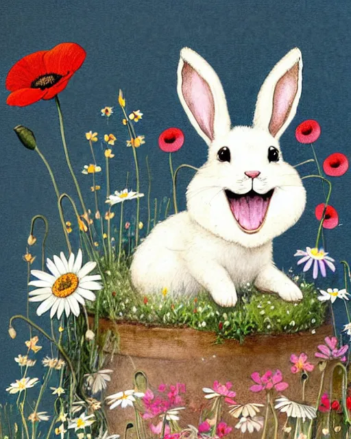 Image similar to a storybook illustration painting of a smiling happy cute bunny wearing a flower crown, daisies and poppies, by antoine de saint - exupery and annabel kidston and naomi okubo and jean - baptiste monge. a child storybook illustration, muted colors, soft colors, low saturation, fine lines, white paper