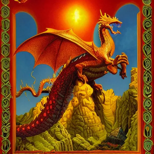 Prompt: dragon guarding treasure by greg hildebrandt