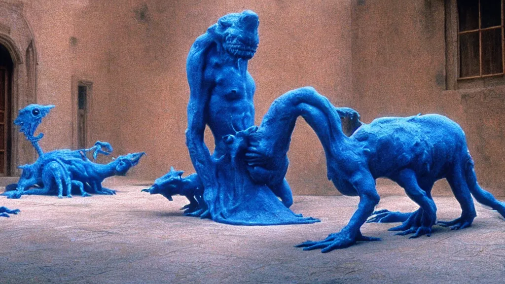 Image similar to the square creature in courtyard, made of blue liquid, surrounded by animals, film still from the movie directed by denis villeneuve and david cronenberg with art direction by salvador dali and zdzisław beksinski, wide lens