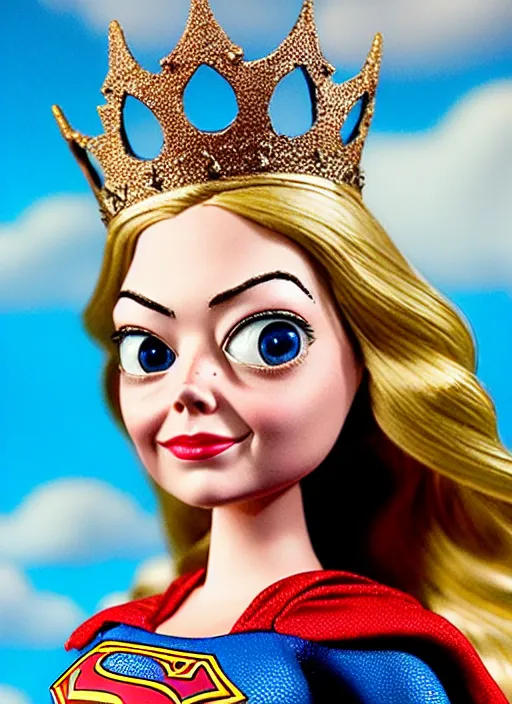 Image similar to highly detailed closeup, face profile portrait of a tin toy emma stone as supergirl as a fairytale princess wearing a crown, bikini, unreal engine, nicoletta ceccoli, mark ryden, earl norem, lostfish, global illumination, detailed and intricate environment