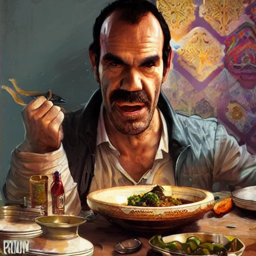 Image similar to trevor philips eating moroccan tagine, highly detailed, digital painting, artstation, concept art, smooth, sharp focus, illustration, art by artgerm and greg rutkowski and alphonse mucha