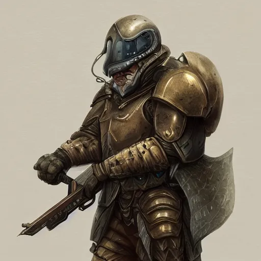 Prompt: portrait of a mercenary in bug-themed armor weilding a large rifle, D&D, fantasy, elegant, hopeful, cosmic, muscular, highly detailed, digital painting, artstation, concept art, smooth, sharp focus, illustration