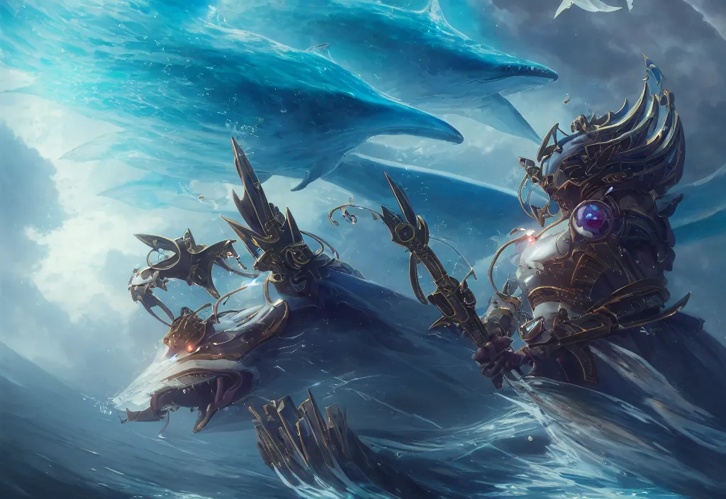 Image similar to close up of a extremely beautiful and aesthetic mech armor witch holding a symmetrical trident, perfect face, symmetrical eyes, back shark fin, horizon, model pose, slightly smiling, blue sky, big wave, big blade whale fighting against big giants minotaurus, epic scene, bright color fantasy illustrations, by peter mohrbacher and makoto shinkai and ferdinand knab