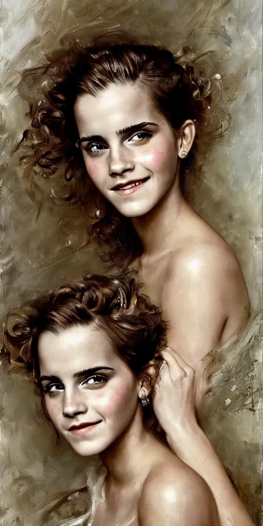 Prompt: emma watson smiling smiling smiling detailed portrait curly updo wet hair painting by gaston bussiere craig mullins j. c. leyendecker photograph by richard avedon peter lindbergh annie leibovitz