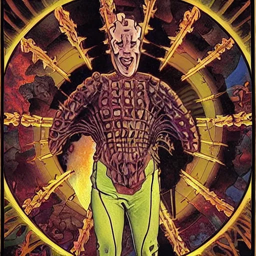 Image similar to a matte painting of hellraiser puzzle box floating above skinned man in hell by clive barker and alex grey and alphonse mucha