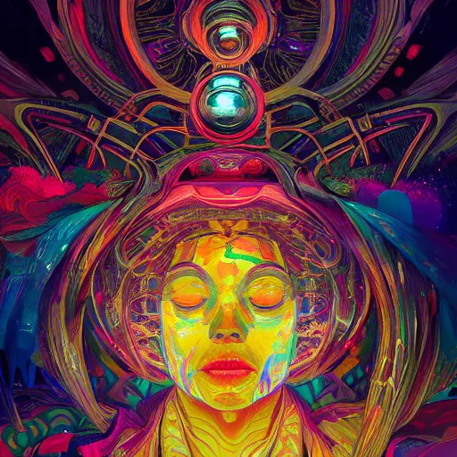 Image similar to An extremely psychedelic experience, colorful, surreal, dramatic lighting, cosmonaut, LSD, face, detailed, intricate, elegant, highly detailed, digital painting, artstation, concept art, smooth, sharp focus, illustration, art by Sam Spratt, Dan Mumford, Artem Demura and Alphonse Mucha