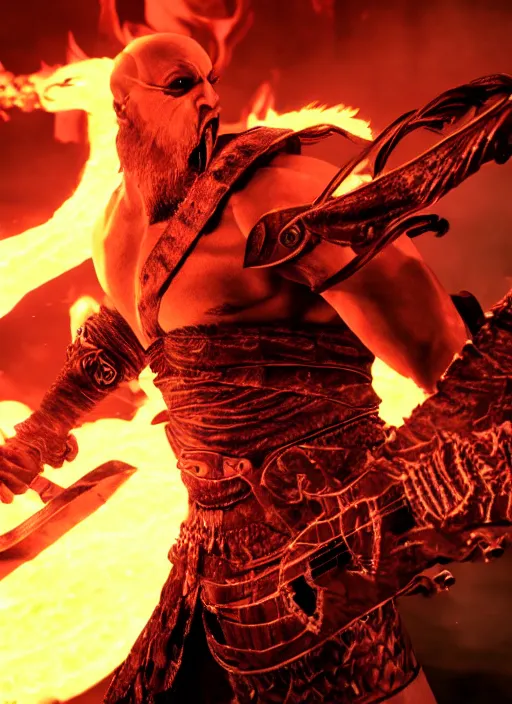 Image similar to red facial stripe armored screaming kratos rocking hard on a flaming stratocaster guitar, cinematic render, god of war 2 0 1 8, playstation studios official media, lightning, flames, clear, coherent, guitar, guitar