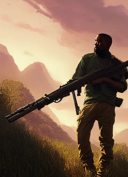 Image similar to highly detailed portrait kanye holding rifle in gta v stephen bliss unreal engine fantasy art by greg rutkowski loish rhads ferdinand knab makoto shinkai lois van baarle ilya kuvshinov rossdraws tom bagshaw global illumination radiant light detailed intricate environment