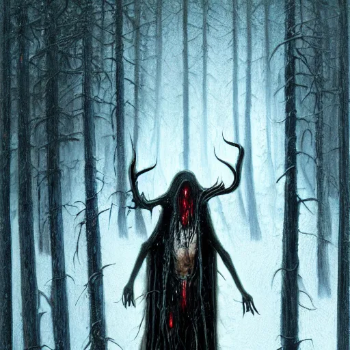 Image similar to cloaked humanoid wendigo feasting on a bloody dear, nighttime located in a snowy dark forest, lurking horror, forboding, high detail, oil painting, style of seb mckinnon