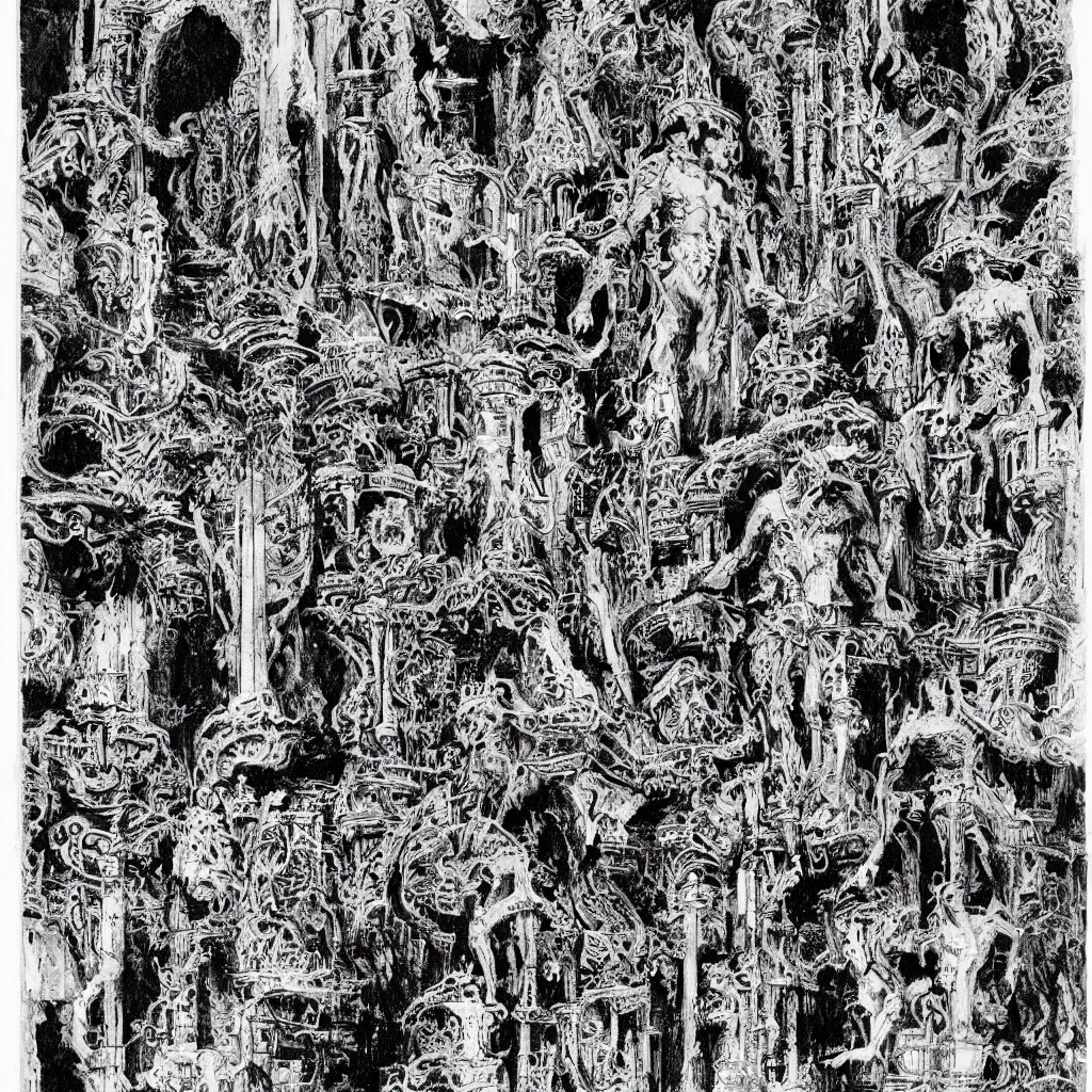 Image similar to extremely detailed illustration by druillet of a destroyed panteon with 7 statues of extint forgotten gods