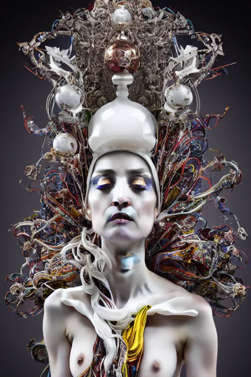 Prompt: white porcelain statue of wired matte sacred queen, sculpture with metallic polished intricated surface, dressed with a colorful torn silk cloak and chrome ornaments, made by antonio corradini, and dug stanat macabre art, dark surrealism, epic and cinematic view, volummetric light, texturized, detailed, freak circus, high graphics 8 k