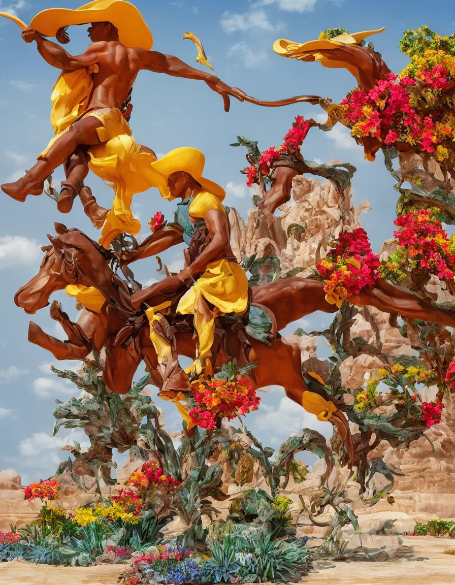 Prompt: a cowboy turning into blooms by slim aarons, by zhang kechun, by lynda benglis, by frank frazetta. tropical sea slugs, angular sharp tractor tires. bold complementary vivid colors. warm soft volumetric light. 8 k, 3 d render in octane. a manly cowboy riding wild flowers sculpture by antonio canova.