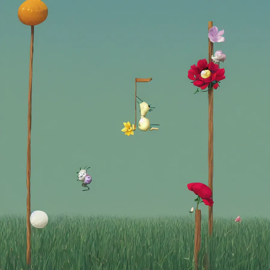 Image similar to Side view of a snail climbing up the pole of the tallest flower in the field, art by Goro Fujita