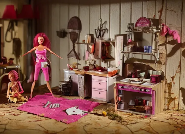 Prompt: the texas chainsaw massacre barbie play set featuring leatherface, children's toy advertisement, studio photography, close - up