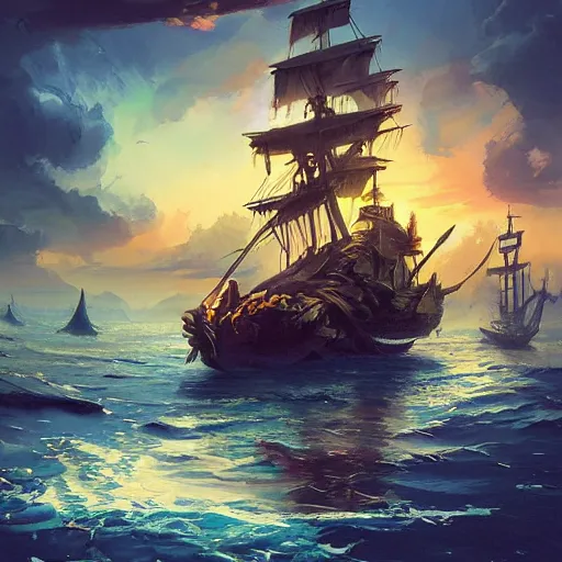 Image similar to a large pirate ship floating on top of a body of water, pirates flag , cgsociety, fantasy art, 2d game art, concept art , ambient occlusion, behance hd , concept art by Jesper Ejsing, by RHADS, Makoto Shinkai Cyril Rolando