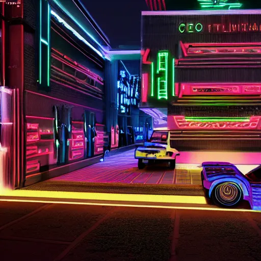 Image similar to cybernetic neon lit ndebele homestead seen from the front, street scene in blade runner, highly detailed, octane rendered