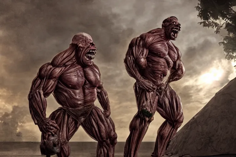 Prompt: a giant disgusting body builder made of muscles and flesh, very angry, teeth, ambient light, terror, glows, realistic, photo-realism, hyper realism, picture, detailed, 3D render, scary, distant shot, in the distance,