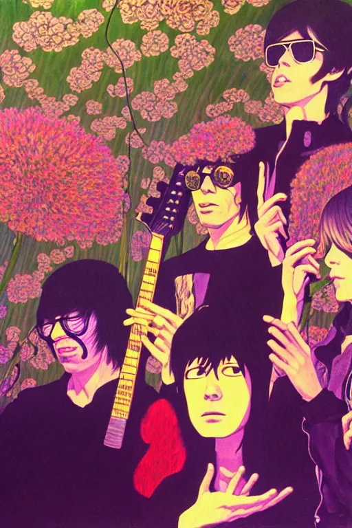 Prompt: the velvet underground and nico playing live on stage at a night club, beautiful stage decoration with flowers in the background, painting by hayao miyazaki, very detailed and colorful and toned down and ornamental and moody and cool and relaxed and high on drugs, trending on artstation, behance contest winner