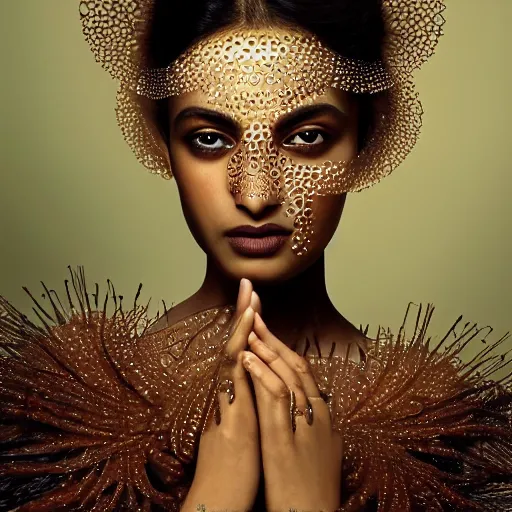Prompt: full shot of a regal brown - skinned south asian woman wearing an intricate and detailed armor made of dew drops. dew drops around eyes. refracted light. morning dew. delicate. translucent. haunting eyes. vulnerable. fragile. ethereal. refracted light. by ray caesar. by louise dahl - wolfe. surreal photography.
