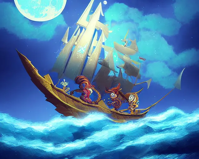Prompt: Lunar pirates sailing the cosmic cloudy sea, digital art, fantasy art by dreamworks