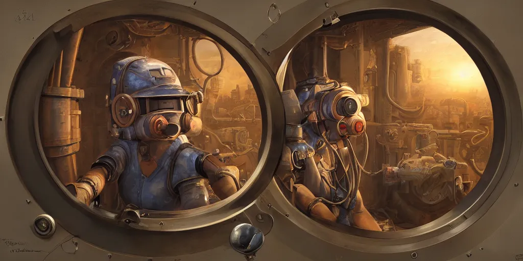 Prompt: highly detailed portrait painting of welder and angelina joile, mono single eye in porthole, by eddie mendoza and tyler edlin, 8 k resolution