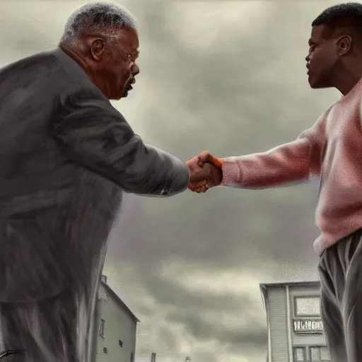 Image similar to charles white jr. offering a handshake towards the camera, cinematic, gloomy background, realistic, digital art, character art, 8 k