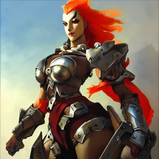 Image similar to greg manchess portrait painting of armored female kratos as overwatch character, medium shot, asymmetrical, profile picture, organic painting, sunny day, matte painting, bold shapes, hard edges, street art, trending on artstation, by huang guangjian and gil elvgren and sachin teng