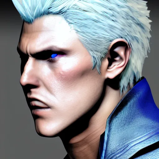 Image similar to portrait of a vergil from devil may cry ,Capcom, Grim fantasy, dlss, HDR, devil may cry 5, autodesk maya render , blue aura, natural light, shoulder level shot, dynamic pose, award winning photograph, Mucha style, 8k,