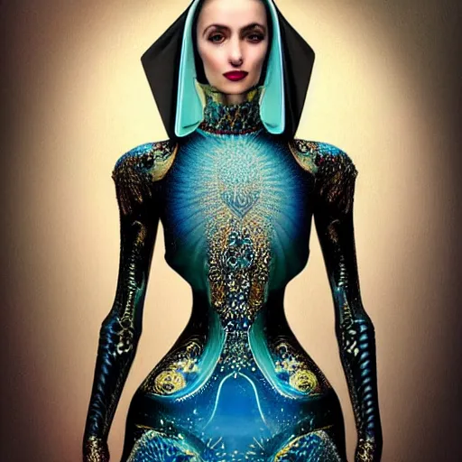 Image similar to a beautiful arabian woman wearing a futuristic dress by alexander mcqueen, thom browne, karol bak, ayami kojima, artgerm, arabian beauty, blue eyes, smile, futuristic, organic dress, pattern, concept art, fantasy